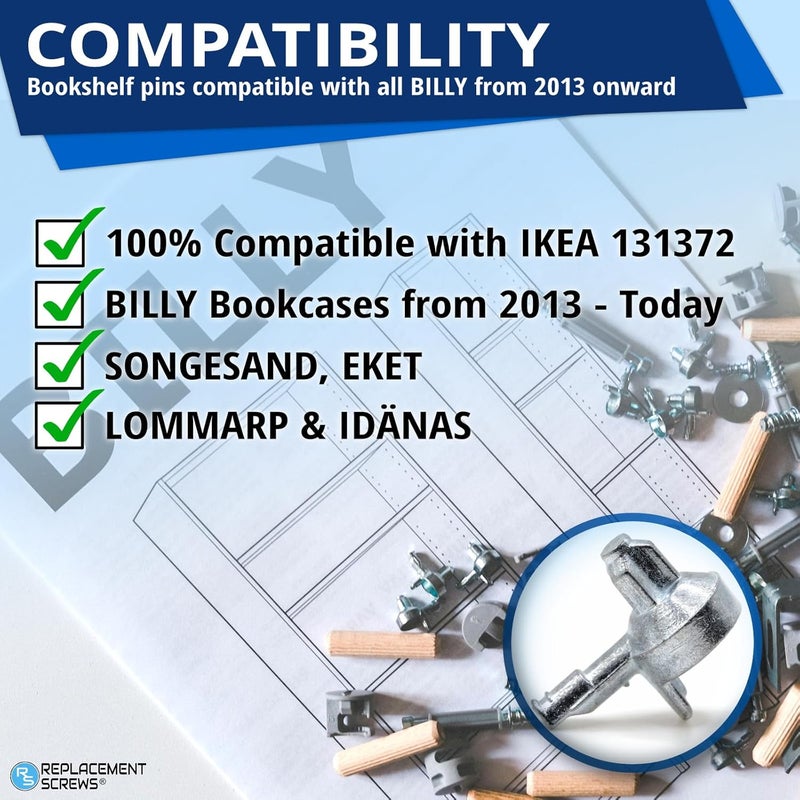 ReplacementScrews 8pcs Billy Bookshelf Pins/Pegs Compatible with IKEA Part 131372 - Zinc Alloy Die-Cast Shelf Supports - Image 4